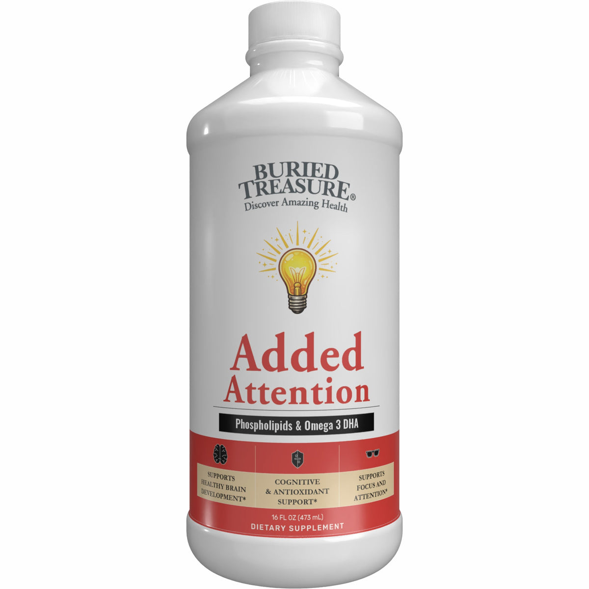 Added Attention – Liquid Supplement for Kids with DHA, B Vitamins & Phospholipids | Brain-Friendly Nutrients in a Natural Banana berry Flavor | 16 oz Buried Treasure Liquid Nutrients