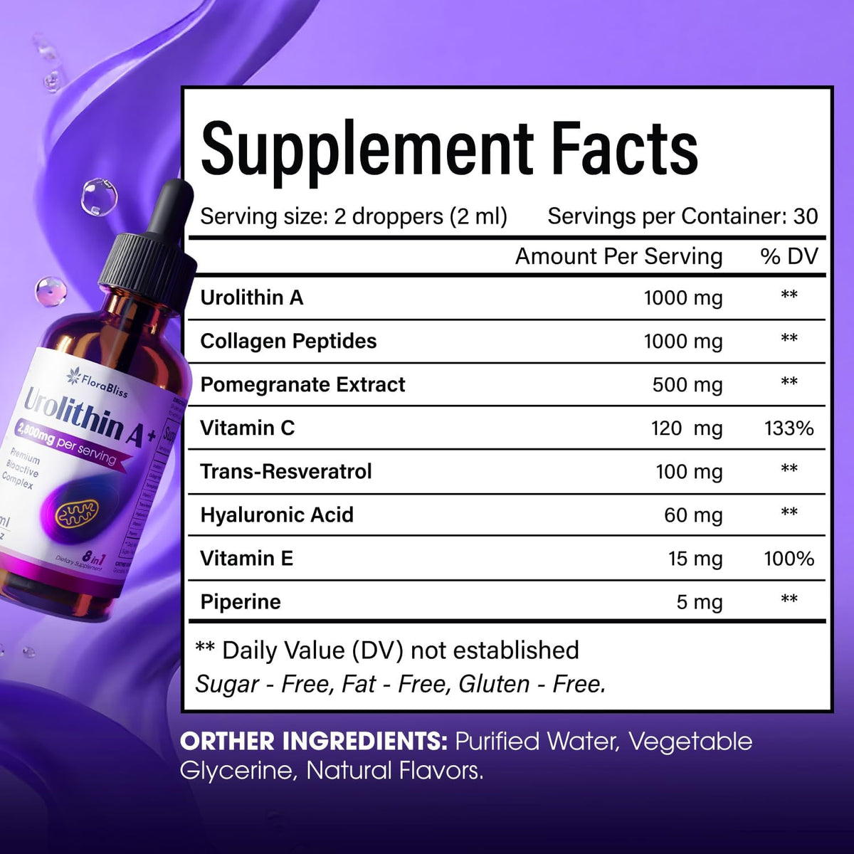 Urolithin A Supplement 2800 mg Liquid Drops | with Trans-Resveratrol, Collagen Peptides, Pomegranate Extract, Hyaluronic Acid, Vitamin E & C FreshDrinkUS - Natural and Premium Herbal Tea