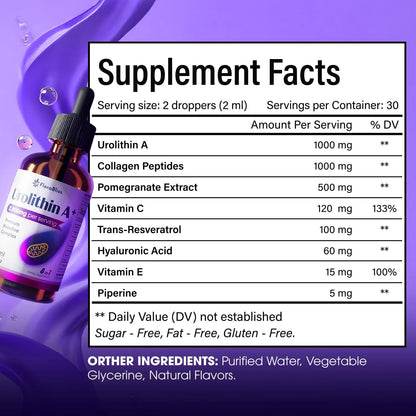 Urolithin A Supplement 2800 mg Liquid Drops | with Trans-Resveratrol, Collagen Peptides, Pomegranate Extract, Hyaluronic Acid, Vitamin E & C FreshDrinkUS - Natural and Premium Herbal Tea