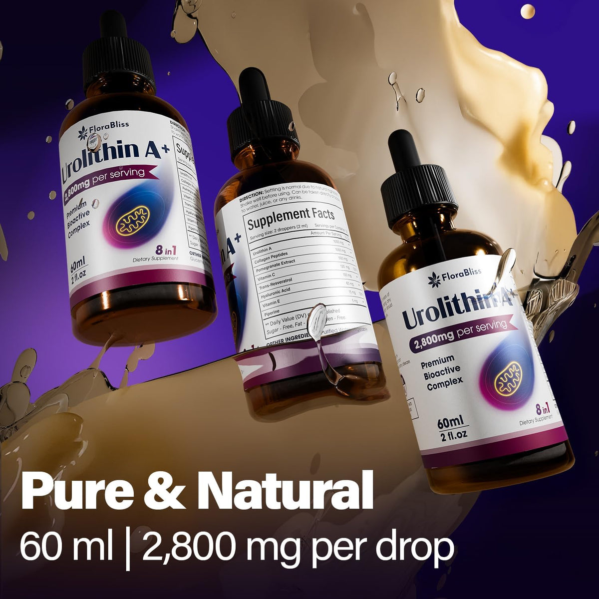 Urolithin A Supplement 2800 mg Liquid Drops | with Trans-Resveratrol, Collagen Peptides, Pomegranate Extract, Hyaluronic Acid, Vitamin E & C FreshDrinkUS - Natural and Premium Herbal Tea