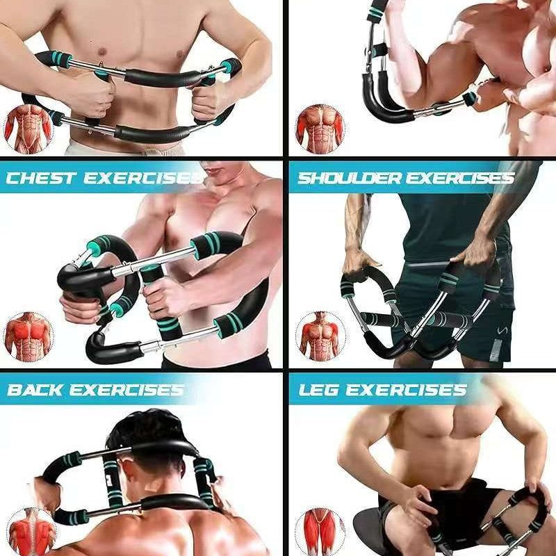 man performing chest squeeze twister exercises with arm trainer