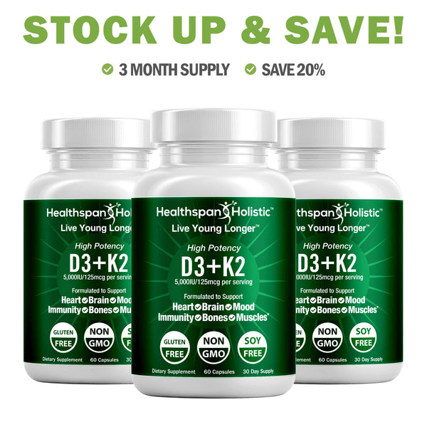 High Potency Vitamin D3 + K2 Supplement 60 Capsules