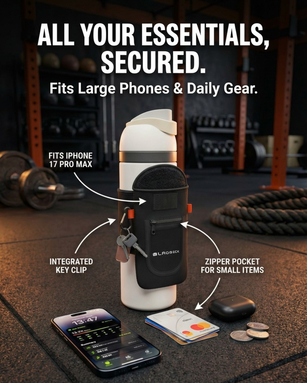 Magnetic Water Bottle Sleeve for Gym | Attaches to Metal Equipment | Fits 18-40oz Bottles | Phone Pocket | BLAUBECK BLAUBECK