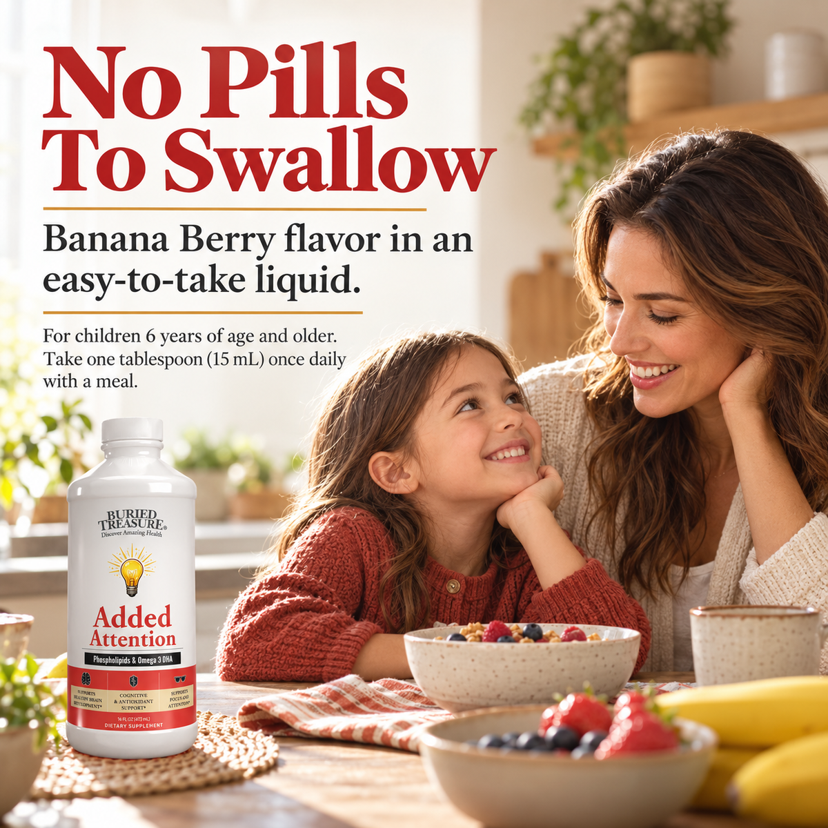 Added Attention – Liquid Supplement for Kids with DHA, B Vitamins & Phospholipids | Brain-Friendly Nutrients in a Natural Banana berry Flavor | 16 oz Buried Treasure Liquid Nutrients