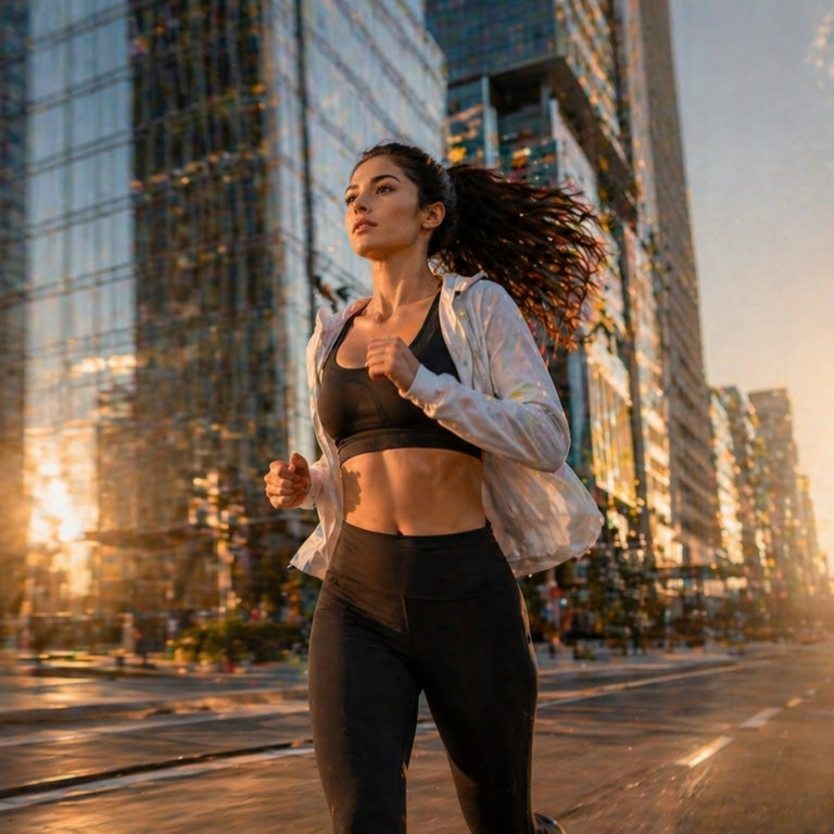 Woman running in an urban setting with modern buildings in the background