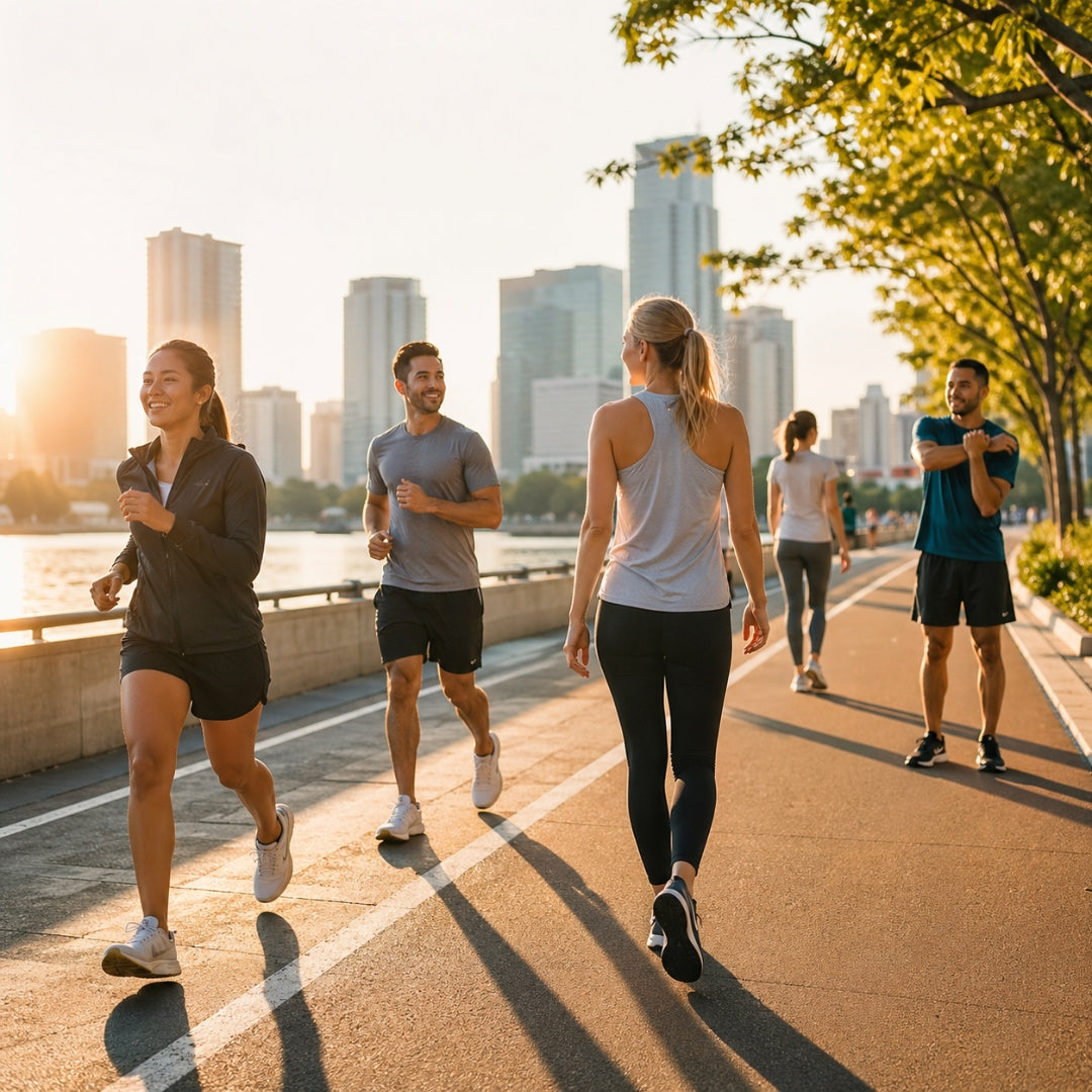 Group of people running and walking on a path with city skyline in the background