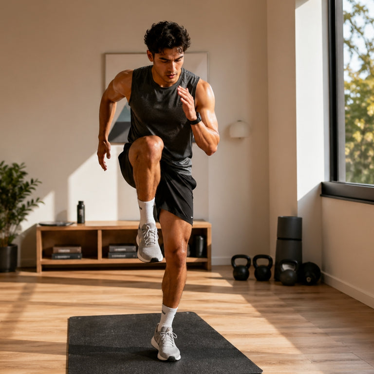 Man exercising on a mat in a home gym setting