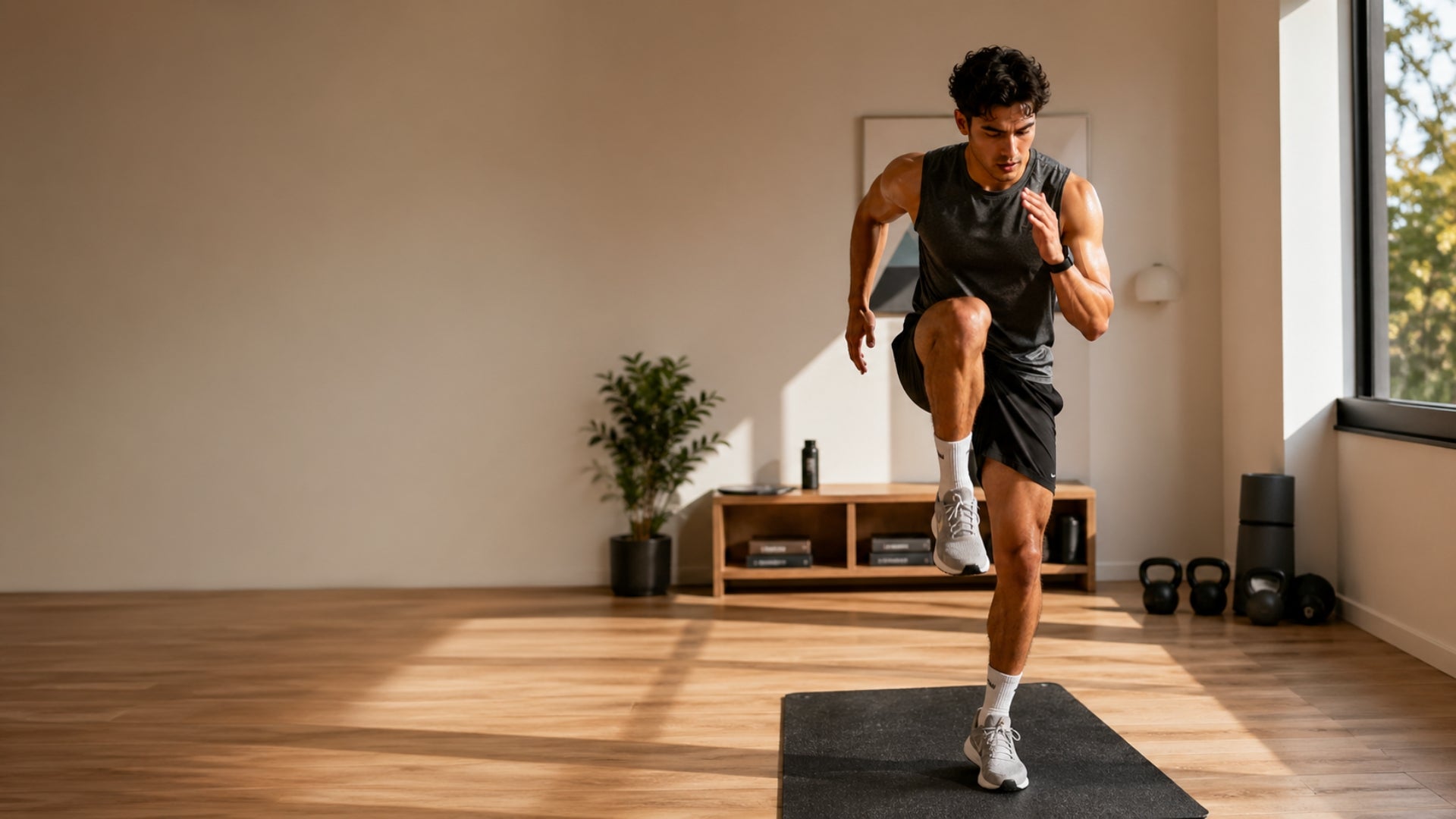 Man exercising on a mat in a home gym setting