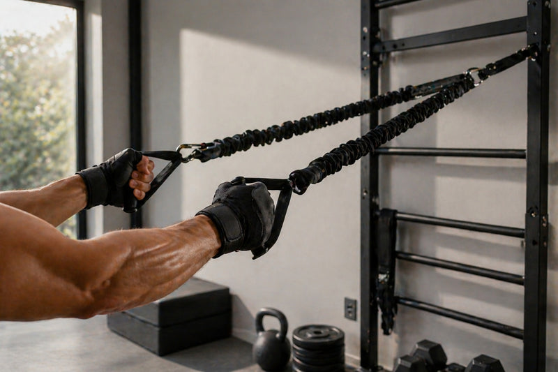 Person using resistance bands in a home gym setting