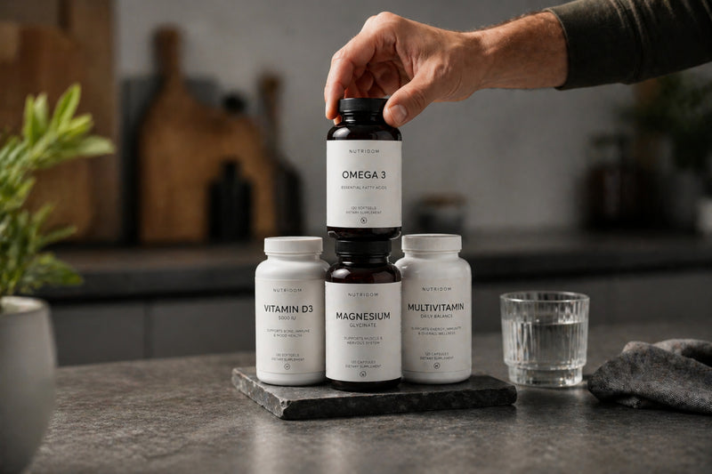 Hand holding an Omega 3 supplement bottle with other health supplements on a kitchen counter.