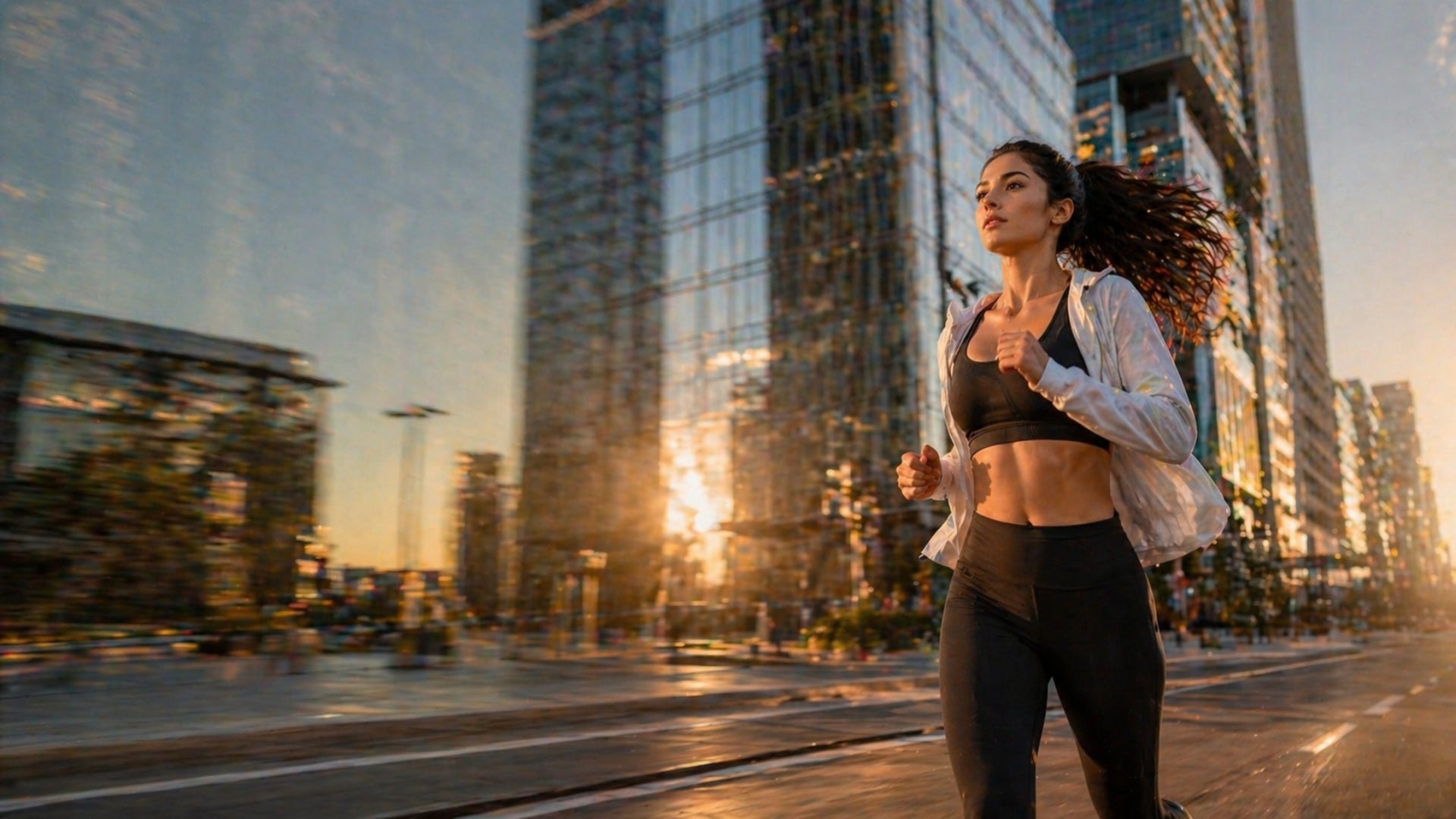 Woman running in an urban setting with modern buildings in the background